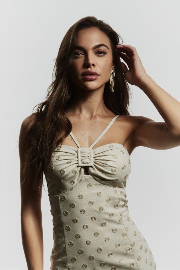 Vestido Linho Poá Bordado